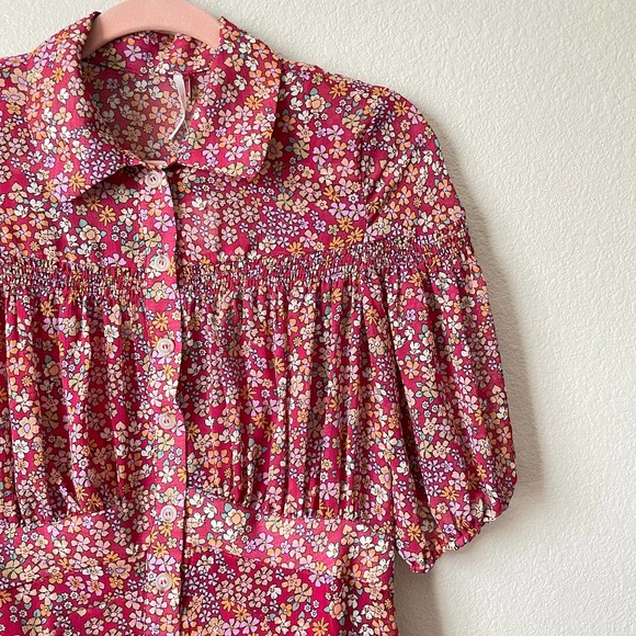 Free People Mini Shirt Dress Small Pink Bonnie Floral Puff Sleeve Bonnie NEW - Picture 7 of 14